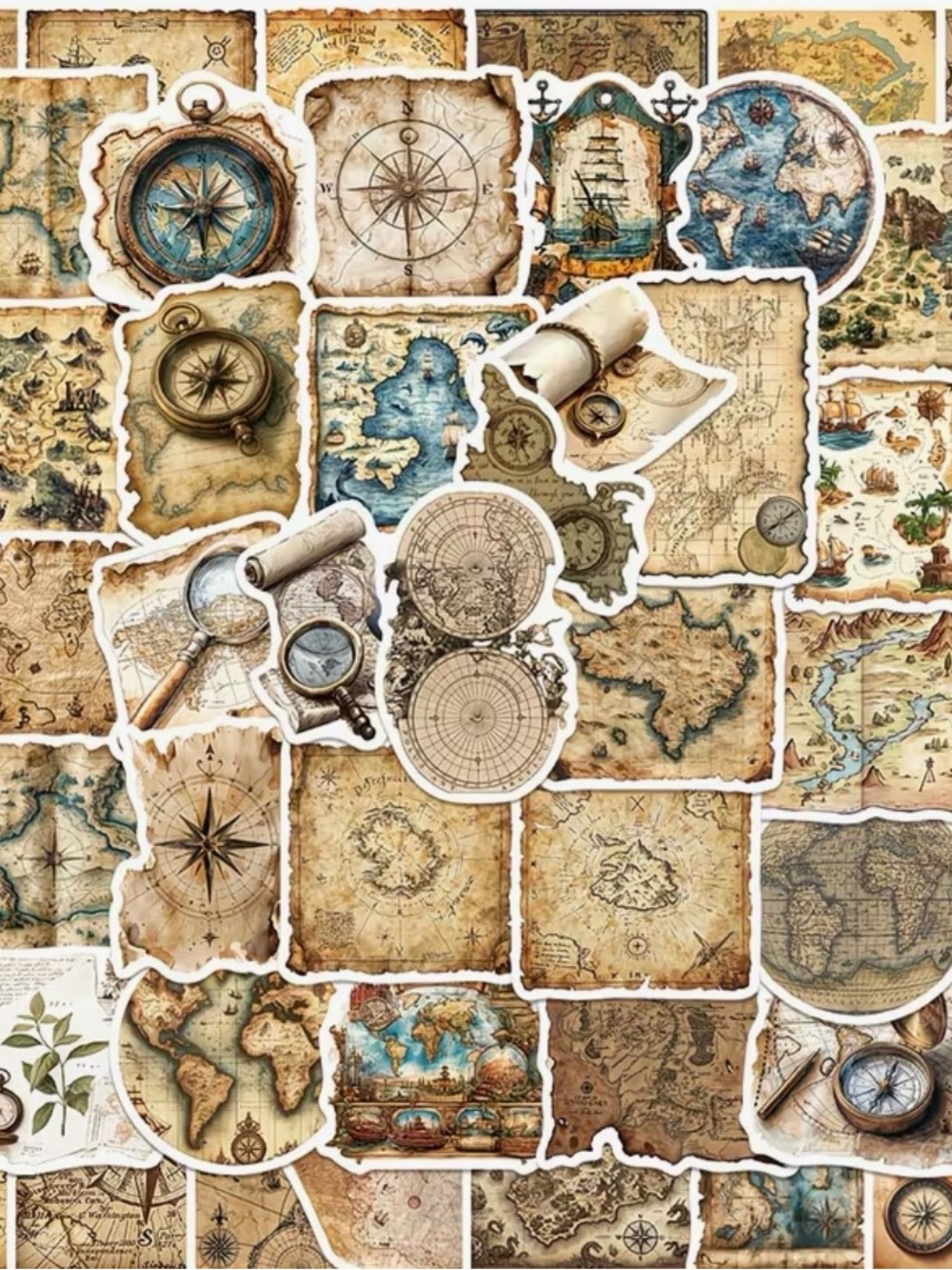 50 Vintage Nautical Map Stickers Travel Adventure Explore Brown & Blue